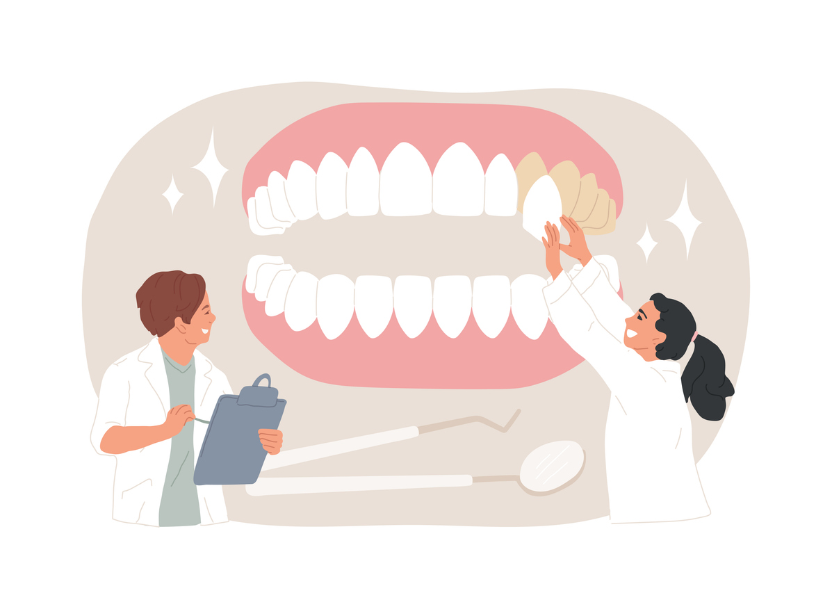 The image is an illustration of dentists placing individual veneers on an oversized mouth. It represents how veneers can change the way you are perceived.