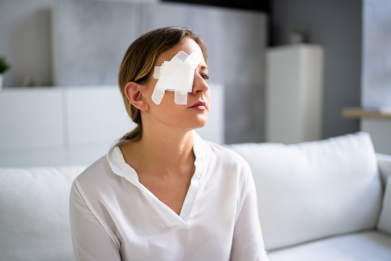 A woman sitting alone with a bandage over her eye as the featured image for Orbital Trauma Treatment Options